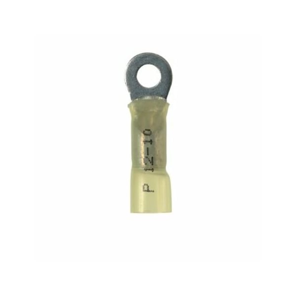 Ring Terminal, 3/8 in Stud Size, 10 AWG, 600 V, Heat Shrink Insulated, Yellow, 20 PK